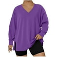thumbnail image 1 of Fanxing Oversized Tops for Women Hide Belly Split Side T-Shirt Plus Size Long Sleeve V Neck Baisc Shirt Blouses Purple 4XL, 1 of 4