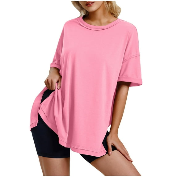 Fanxing Oversized Tshirts for Women Short Sleeve Tees Shirts Loose Fit Round Neck Solid Color T Shirt Casual Summer Tops Pink,XL