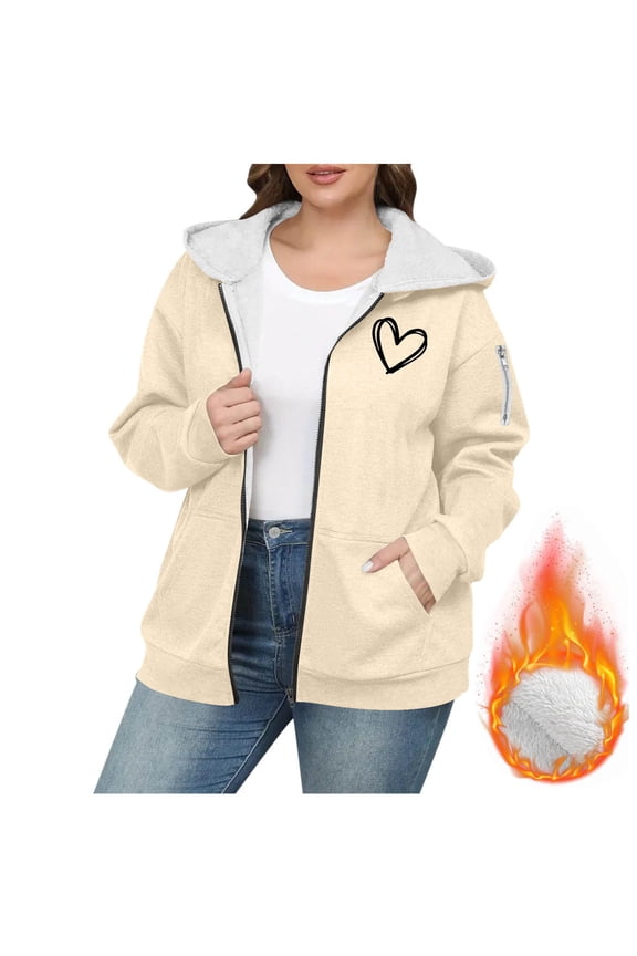 Oversized Zip Up Hoodie for Women Plus Size Sherpa Lined Hooded Jackets Love Heart Print Sweatshirt Jacket Thicken Valentine Sport Coat Khaki 5XL