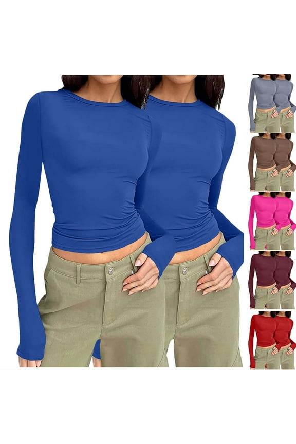 Pack 2 Juniors Long Sleeve Shirts Basic Crop Tops Tight Slim Fit Cute Teen Girls Fall Winter Y2k Clothes Red,L
