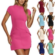 FANXING Party Club Dresses for Women Beige Women's Business Casual Dress Office Professional Blazer Dress Slim Fit Cap Short Sleeve Blazer Dresses Double Breasted Mini Dresses