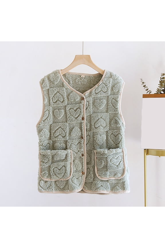 Petite Womens Fleece Vest Teen Gril Sherpa Sleeveless Jacket Lightweight Button Down Crop Waistcoat Gilet with Pocket Green M