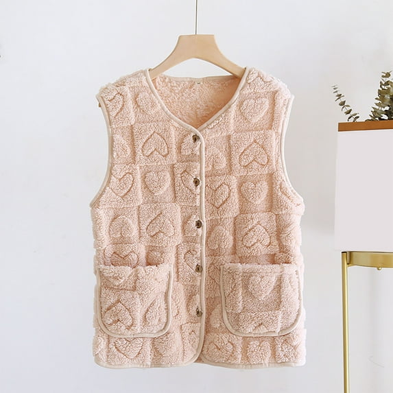 Fanxing Petite Womens Fleece Vest Teen Gril Sherpa Sleeveless Jacket Lightweight Button Down Crop Waistcoat Gilet with Pocket Pink M