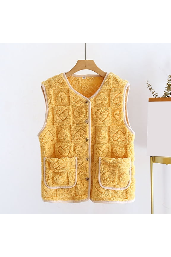 Petite Womens Fleece Vest Teen Gril Sherpa Sleeveless Jacket Lightweight Button Down Crop Waistcoat Gilet with Pocket Yellow M