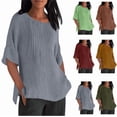 thumbnail image 1 of Fanxing Pleated Linen Shirts for Women Plus Size 3/4 Sleeve Tops Wrinkle Resistant Casual Work Tops Summer Round Neck Tshirts S-5XL, 1 of 5