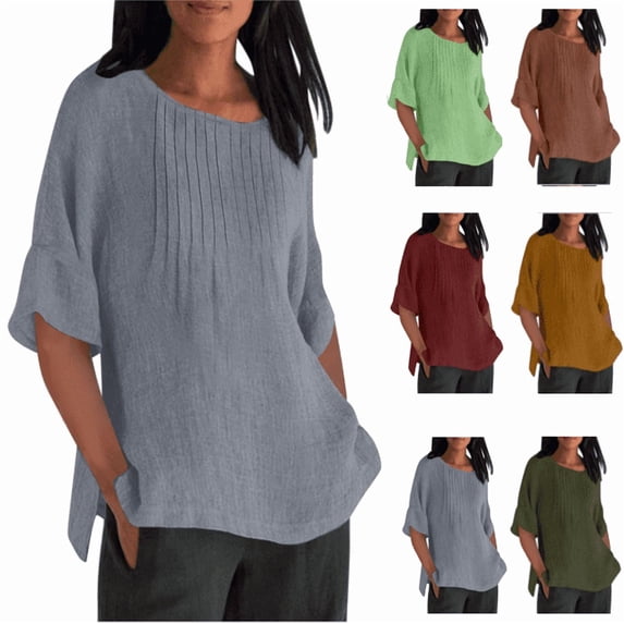 Fanxing Pleated Linen Shirts for Women Plus Size 3/4 Sleeve Tops Wrinkle Resistant Casual Work Tops Summer Round Neck Tshirts S-5XL