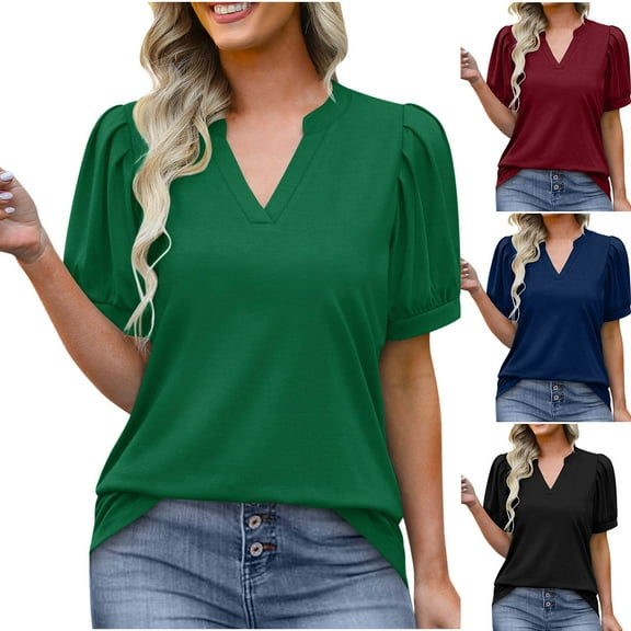 Fanxing Pleated Short Sleeve Womens Tops Summer V Neck Shirts Comfortable T Shirts Green,XL