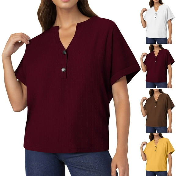 Fanxing Pleated Short Sleeve Womens Tops Summer V Neck Shirts Comfortable T Shirts Yellow,2xl