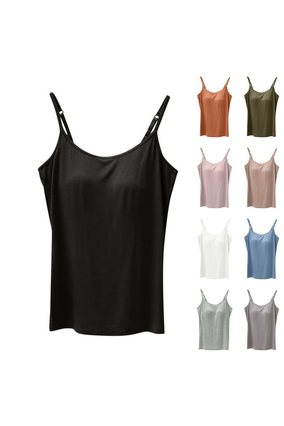 Plus Size Camisole Tops for Women Built in Bra with Padding Spaghetti Strap Tank Top with Shelf Bras Pink,S
