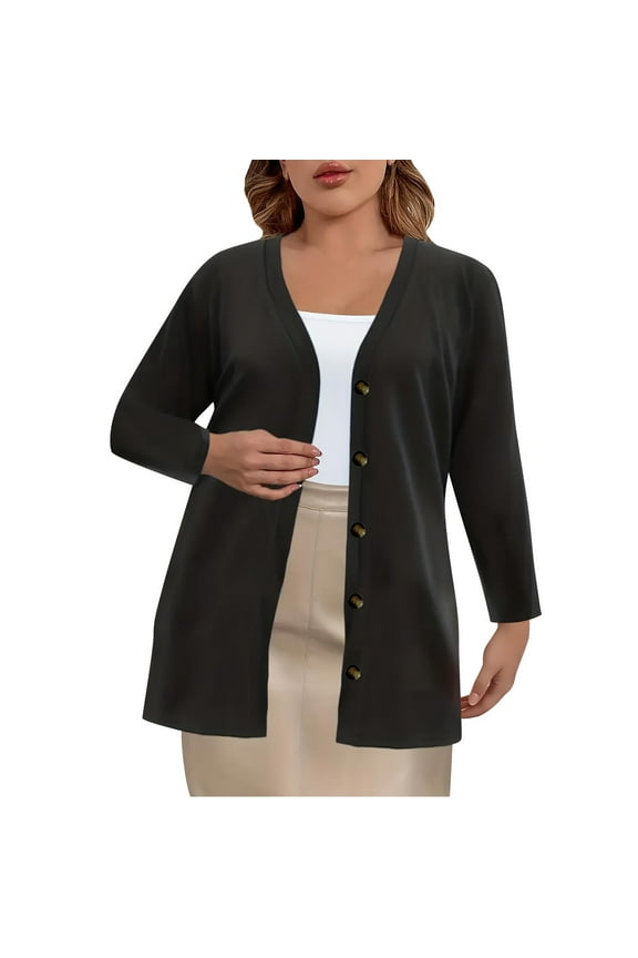 Plus Size Cardigan for Women Comfy Button Open Front Sweater Cardigans Long Sleeve V Neck Lightweight Cover Up Jacket Black 3XL
