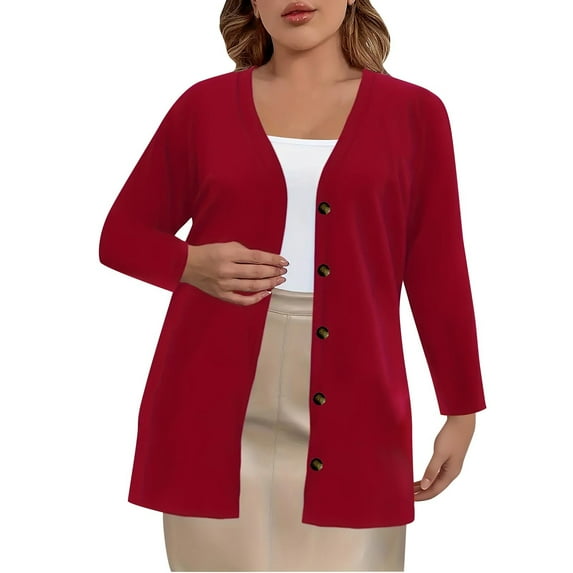 Fanxing Plus Size Cardigan for Women Comfy Button Open Front Sweater Cardigans Long Sleeve V Neck Lightweight Cover Up Jacket Red 4XL
