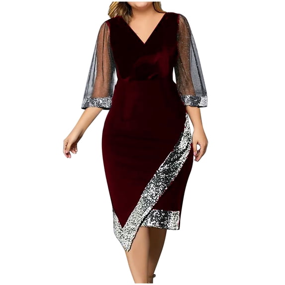Fanxing Plus Size Dresses for Women Mesh Lace Long Sleeve Cocktail Dress Elegant Wrap V Neck Wedding Guest Dresses Wine,XXXXL Female