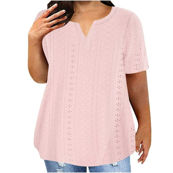 Fanxing Plus Size Eyelet Tshirts for Women Petite Plus V Neck Henley Tops 2025 Summer Novelty Court Lock Blouses Cutout Tunic Tees Pink,S