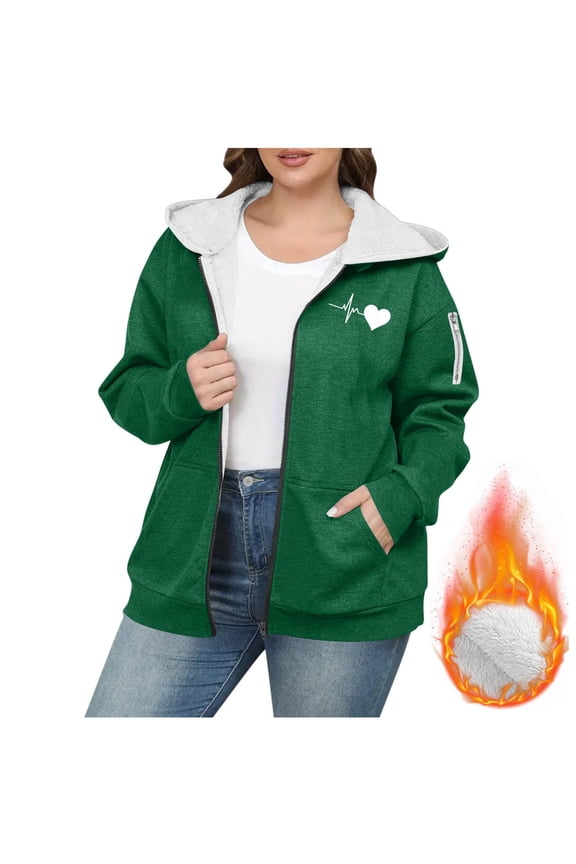 Plus Size Fleece Jackets for Women Cute Heart Print Sherpa Lined Hooded Jacket Trendy Zip up Long Sleeve Hoodies Warm Winter Coats Green L