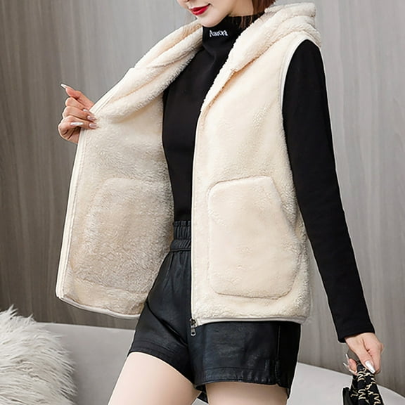 Fanxing Plus Size Fleece Vest for Women with Hood Zip Up Sleeveless Sherpa Jackets Winter Warm Outwear with Pockets Yellow 3XL