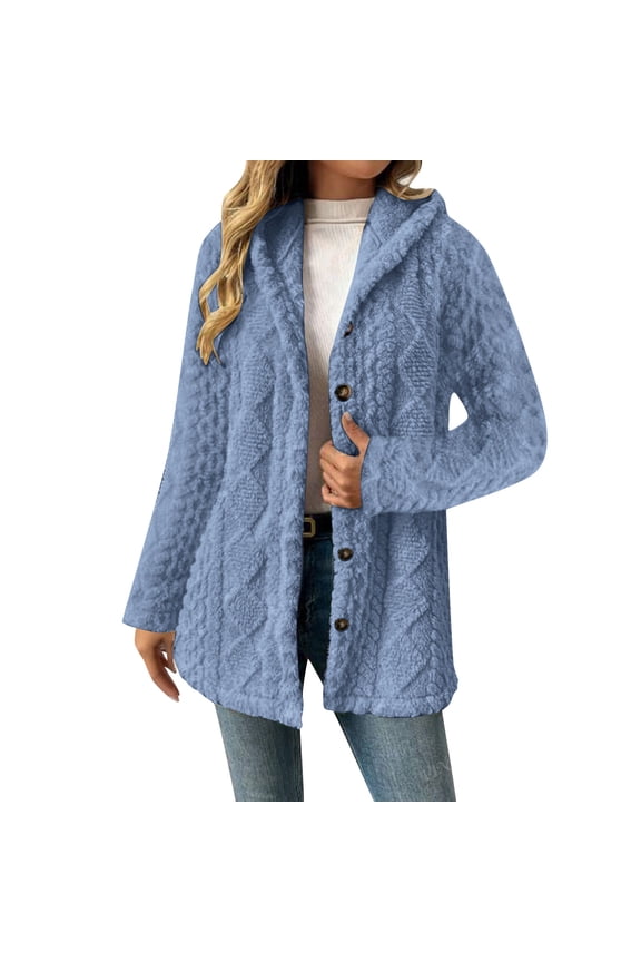Plus Size Fuzzy Coats for Women Cozy Warm Fleece Hooded Jacket Casual Soft Button Down Teddy Sherpa Outerwear L