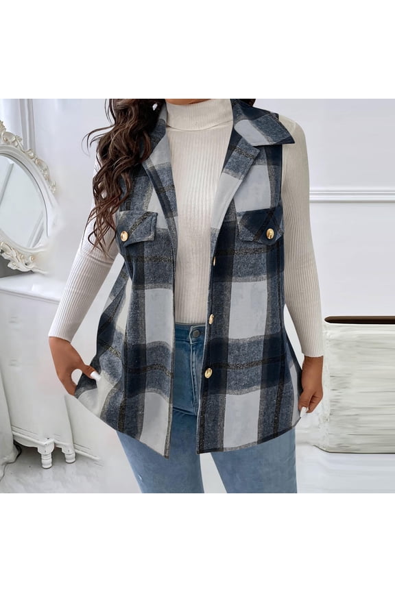 Plus Size Plaid Vest for Women Sleeveless Fannel Button Down Lapel Shirts with Front Chest Pocket Fall Oversized Outfits Navy 4XL