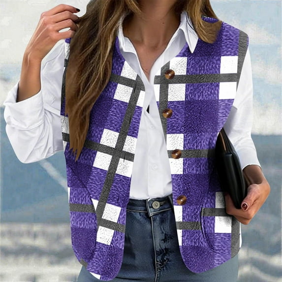 Fanxing Plus Size Plaid Vests for Women Button Down Collared Sleeveless Jacket Vintage Color Block Vest with Pockets Purple 5XL