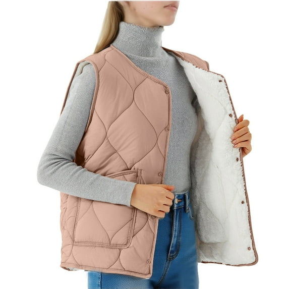 Fanxing Plus Size Puffer Vests for Women Button Down Sleeveless Fleece Jakcets Fall Spring V Neck Quilted Waistcoat with Pocket Watermelon Red 2XL