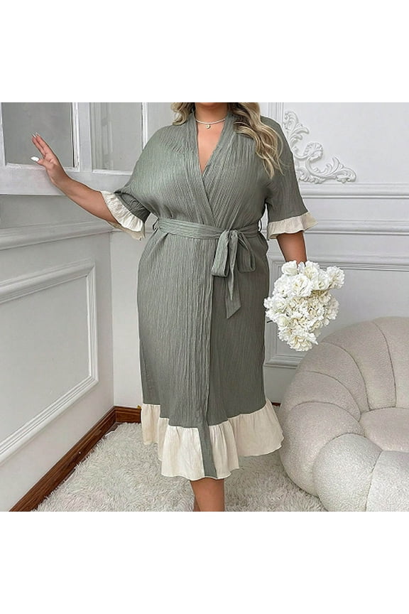 Plus Size Robes for Women Ruffle Short Sleeve Lightweight Bathrobes V Neck Long Nightgown Sleepwear Green 4XL