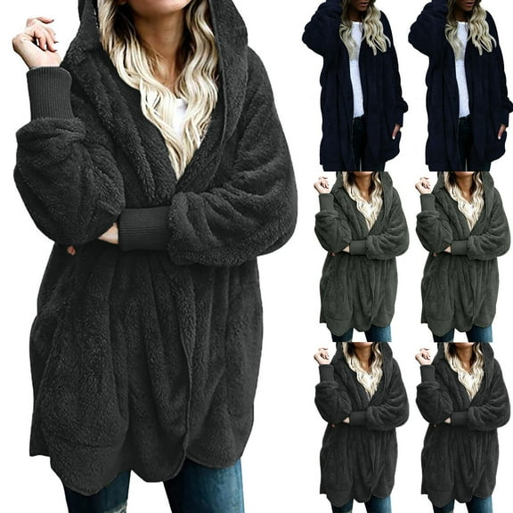 Fanxing Plus Size Sherpa Velour Jacket for Women Boyfriend Style Open Front Cardigans Oversized Cozy Jackets Fluffy Fleece Hoodie Cardigan Coat Outwear with Pocket For Female Teen Blue,S