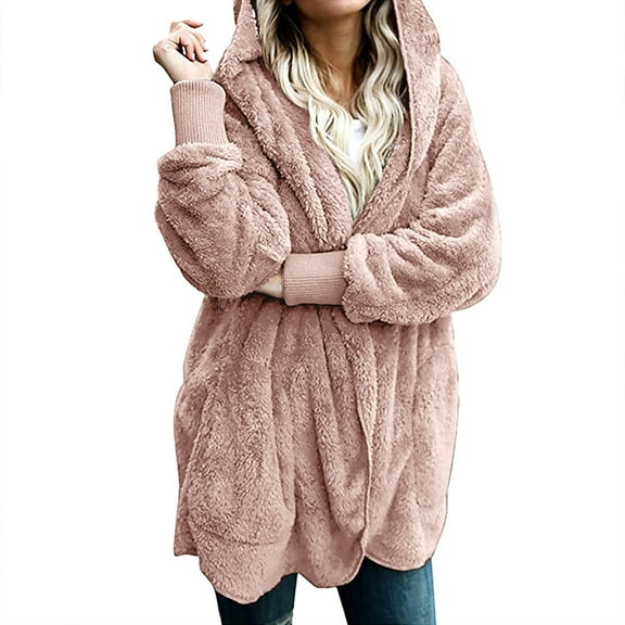 Fanxing Plus Size Sherpa Velour Jacket for Women Boyfriend Style Open Front Cardigans Oversized Cozy Jackets Fluffy Fleece Hoodie Cardigan Coat Outwear with Pocket For Female Teen Pink XXL