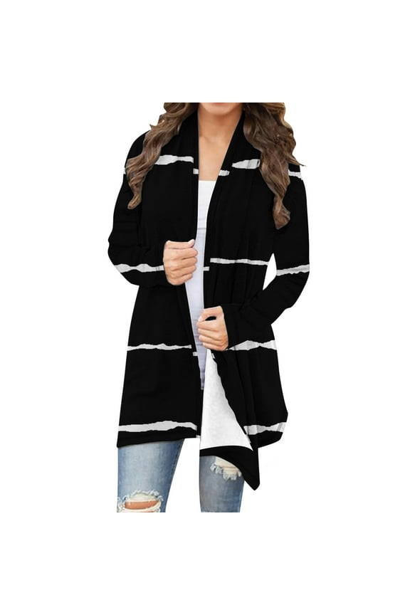 Plus Size Striped Cardigan for Women Casual Open Front Long Shrug 2025 Fall Lightweight Jackets Black L