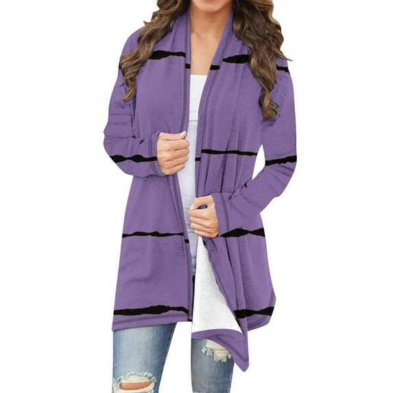 Fanxing Plus Size Striped Cardigan for Women Casual Open Front Long Shrug 2025 Fall Lightweight Jackets Purple M