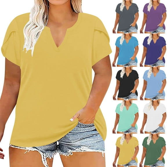 Fanxing Plus Size Summer Tunics For Women Black Short Sleeve Curvy Shirts Loose Fitting Swing Tops for Full-figured Ladies