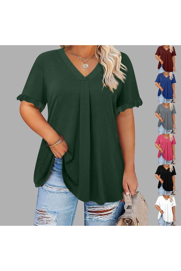 Plus Size Summer Tunics For Women Green Curvy V Neck T Shirts Pleated Tunics