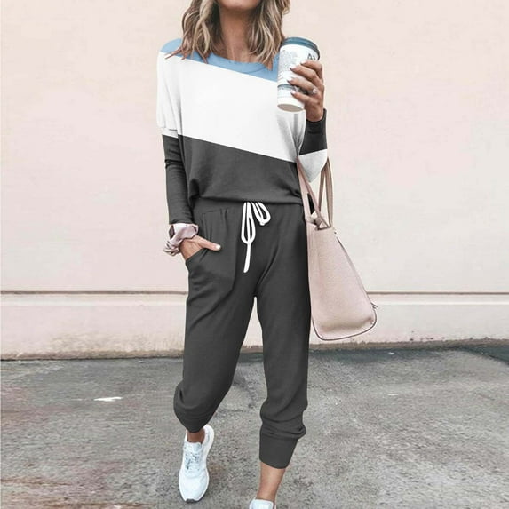Fanxing Women's 2025 Spring Two Piece Outfit Color Block Long Sleeve Sweatshirt Crewneck Pullover Tops and Long Pants Tracksuit