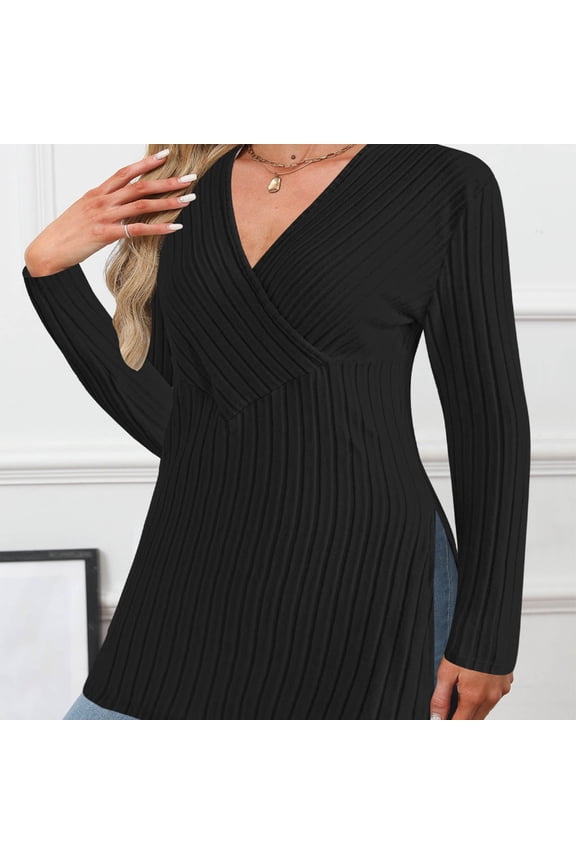 Plus Size Tunic Tops for Women Casual Long Sleeve V Neck Shirts Side Split Basic Dressy Blouses for Leggings Black 3XL