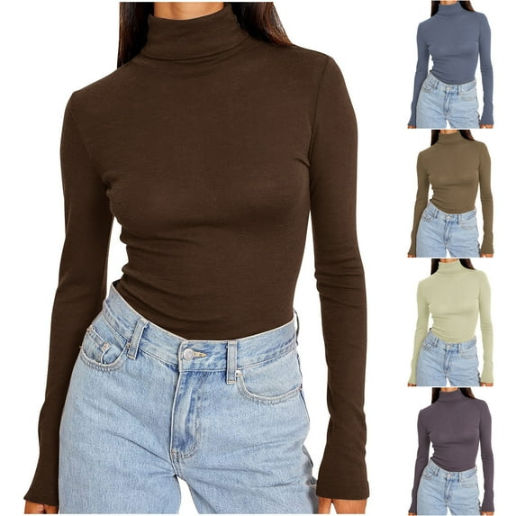 Fanxing Plus Size Turtle Necks Tops for Women, Women's Turtleneck Shirts Ribbed Pullover Sweater Long Sleeves Tops Midweight Thermal Underwear BlouseBrown,XXXXL
