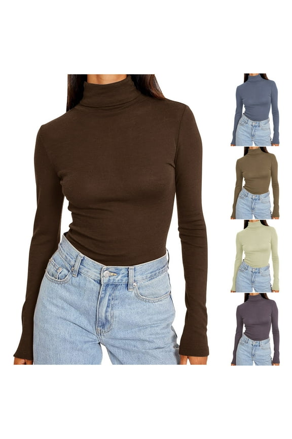 Plus Size Turtle Necks Tops for Women, Women's Turtleneck Shirts Ribbed Pullover Sweater Long Sleeves Tops Midweight Thermal Underwear BlouseBrown,XXXXL