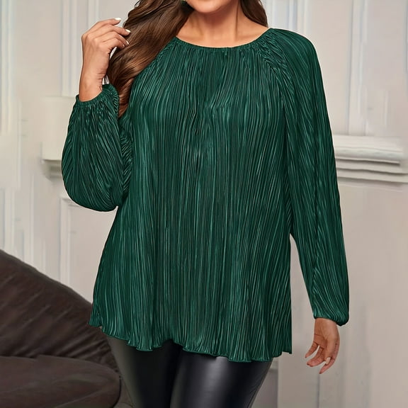 Fanxing Plus Size Women Blouses Casual Pleated Flowy Shirt Crew Neck Long Sleeve Oversized Tops Green XL