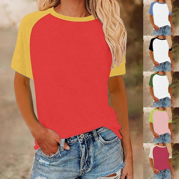 Fanxing Plus Size Work Out Tops For Women Pink Trendy Colorblock Graphic Tees Raglan Short Sleeve Tshirts