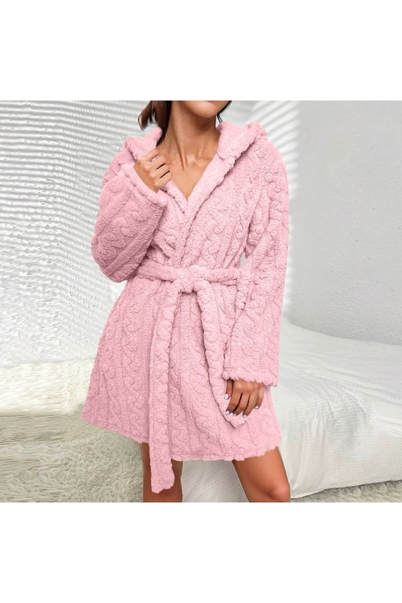 Plush Robes for Women, Cozy Warm Short Bathrobes Fleece Jacquard Knee Length Shaggy Fuzzy Winter Spa Robe Pink M