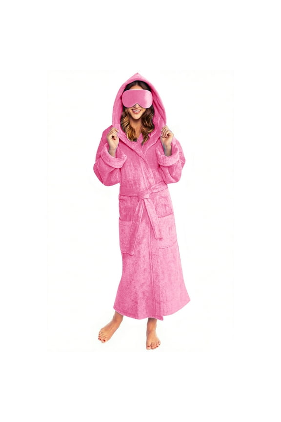 Plush Robes for Women with Eye Mask Warm Fleece Hooded Bathrobe Super Soft Long Spa Robe with Pockets Hot Pink M