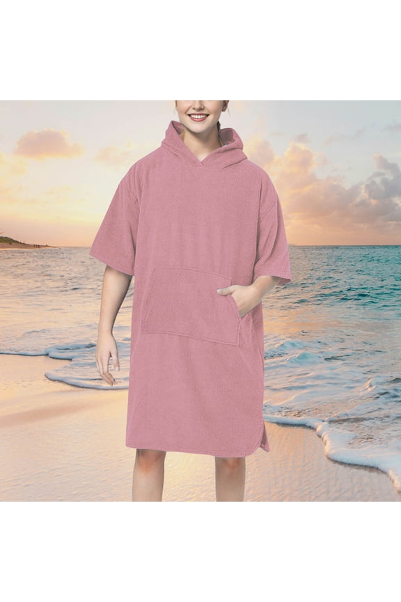 Poncho Robe with Hood and Front Pocket Short Sleeve Oversized Bathrobe Nightgown Towel Robe for Surfing Women Pink Free Size