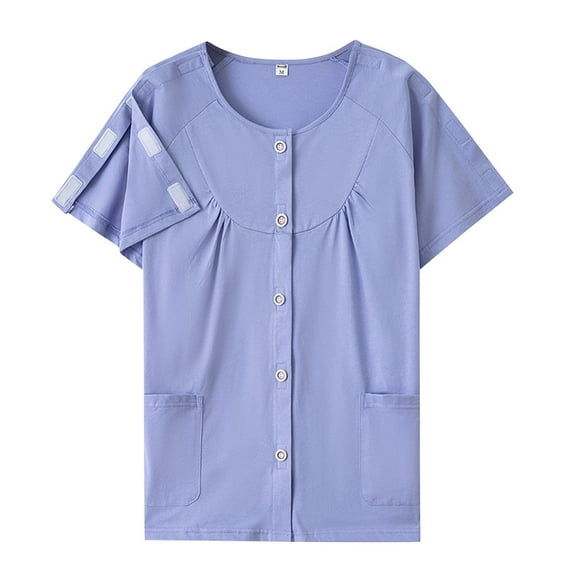 Fanxing Post Shoulder Surgery Shirts for Women Full Tear Away Clothing Recovery Short Sleeve Cotton Summer Tops Blue,M