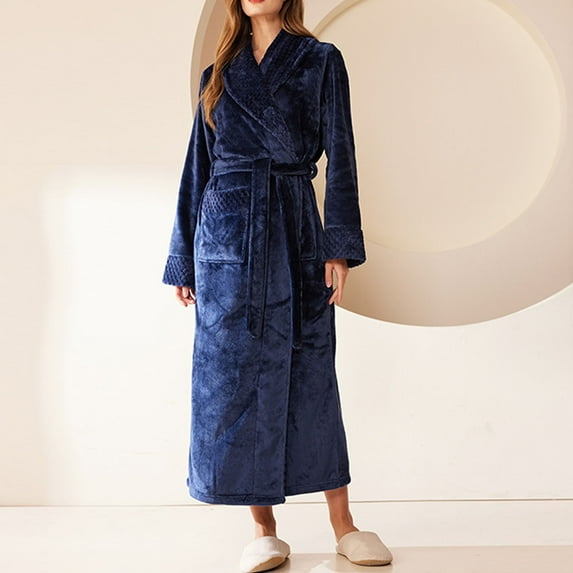 Fanxing Premium Women's Robe Plush Soft Long Bathrobe Warm Fleece Shawl Collar Spa Robe Navy 3XL