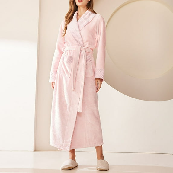 Fanxing Premium Women's Robe Plush Soft Long Bathrobe Warm Fleece Shawl Collar Spa Robe Pink M