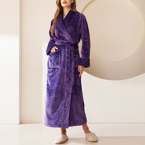 Fanxing Premium Women's Robe Plush Soft Long Bathrobe Warm Fleece Shawl Collar Spa Robe Purple 3XL