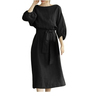 Fanxing Prime Day Deals Baby Linen Dresses For Women Casual Summer 3/4 Sleeve Cotton and Linen Shirt Dress with Belted Summer Wedding Guest Dresses For Women Black,XL