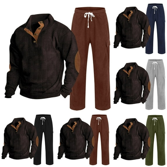 Fanxing Men's Tracksuits Corduroy Henley Tops Joggers Pants Outfits 1/4 Button Down Henley Shirt with Sweatpants 2pcs Sets Sweatsuits Shirt Black,S