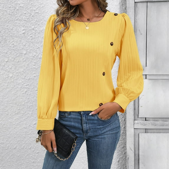 Fanxing Puff Sleeve Shirts for Women Shirred Long Sleeve Tops Fall Crewneck Pullover Casual Blouses with Button Orders Placed My Account Recently Yellow,M