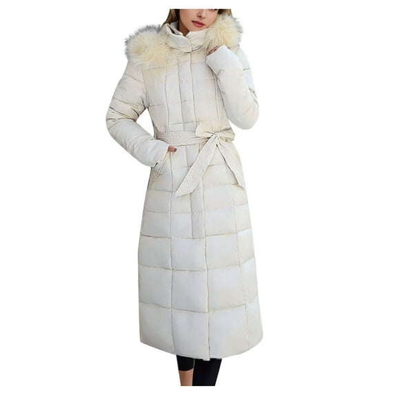 Fanxing Puffer Coats for Women Clearance Winter Puffer Coat with Faux Fur Hood Maxi Long Down Coat Solid Overcoat with Belt