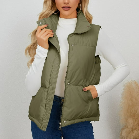 Fanxing Puffer Vest Women Lightweight Full-Zip Stand Collar Sleeveless Quilted Jacket Warm Winter Coat Padded Down Outerwear Army Green XL