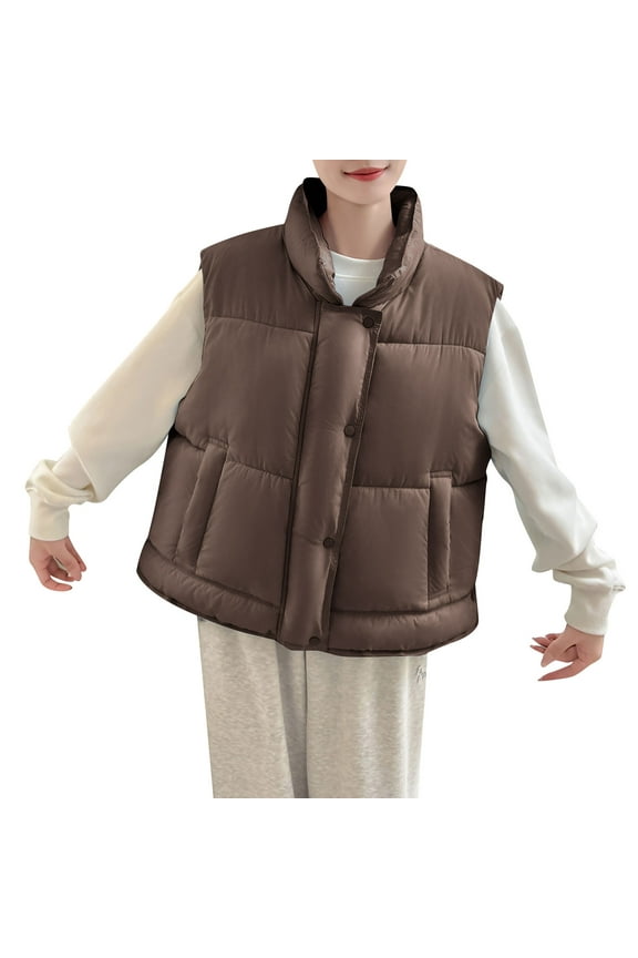 Puffer Vest for Women Winter Warm Sleeveless Button Crop Jacket Coats Zipper Padded Quilted Down Gilet with Pockets Coffee XL