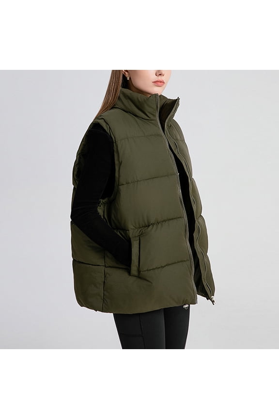 Puffer Vest for Women Zip Up Sleeveless Down Jackets Winter Warm Quilted Stand Collar Outwear with Pocket Army Green XL